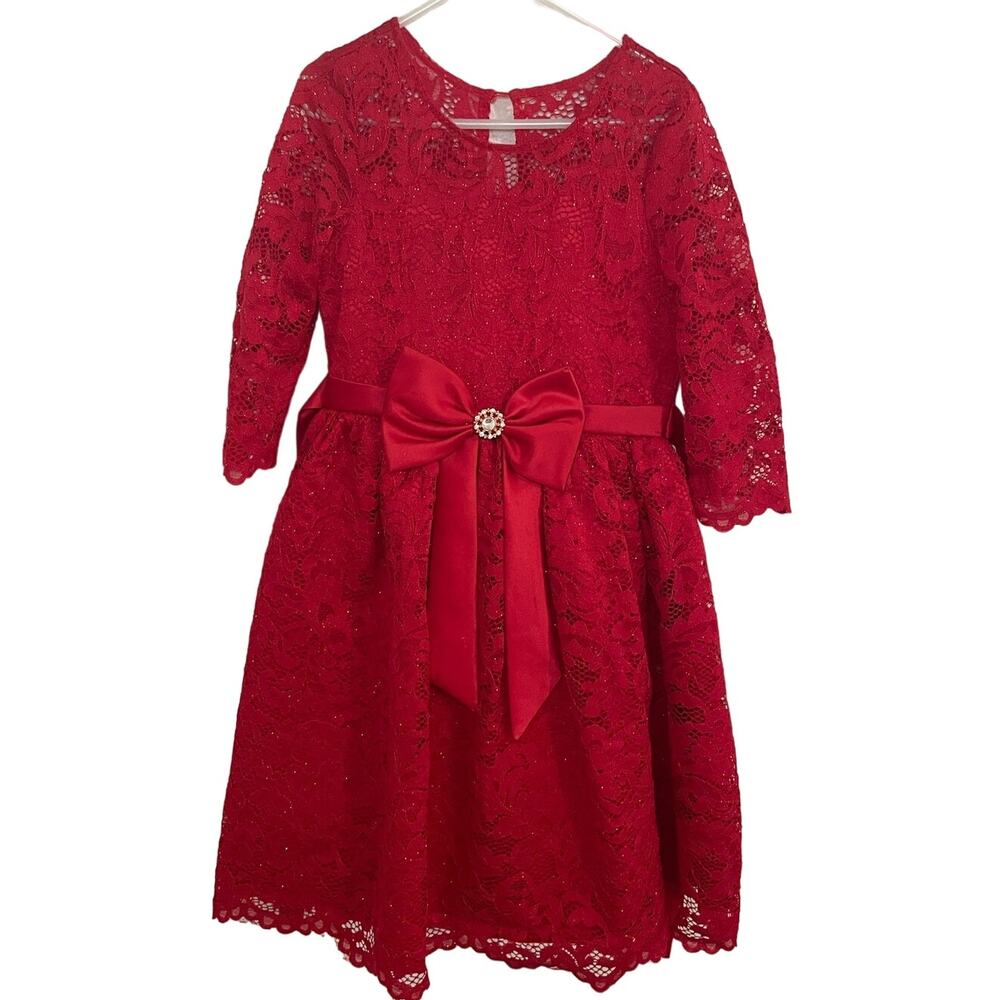 NWOT Rare Editions Red Lace Dress Holiday Special Occasion Long Sleeve Dress 6x
